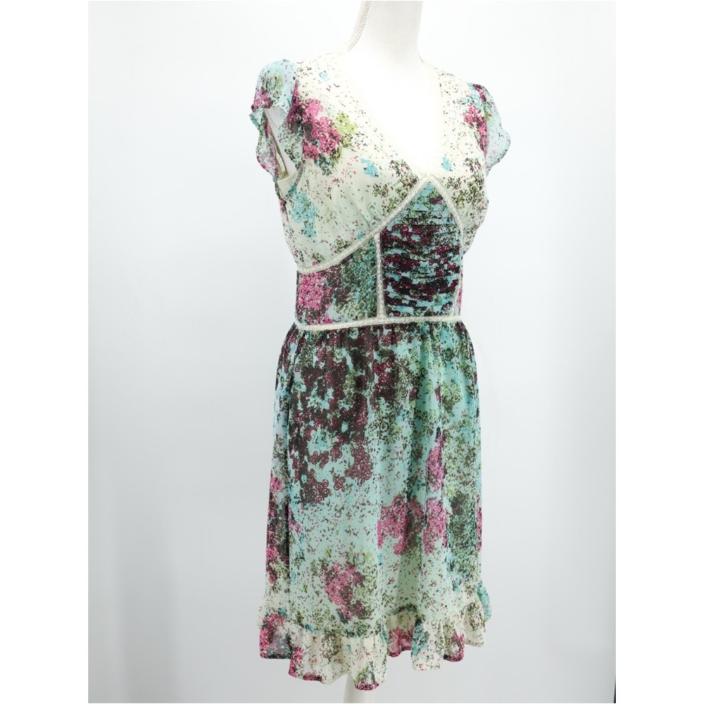 Guess Floral Ruched Bust Lace Trim Dress Chiffon Lined Boho Y2K Romantic M